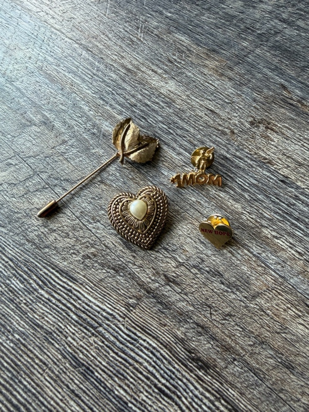 Vintage Brooch and pin set of 4 Heart, Hope, #1Mom, Leaf